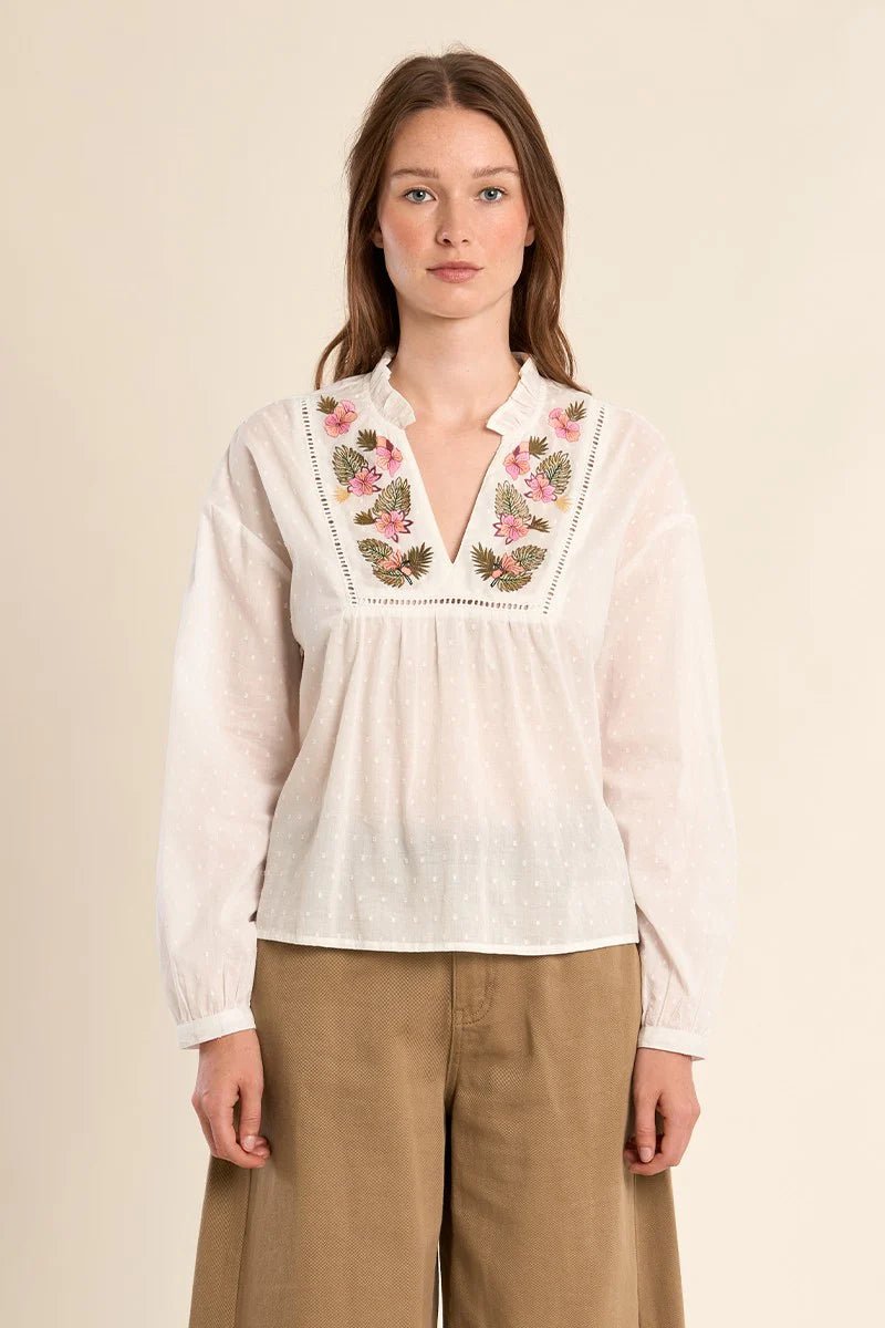 White Floral & Greenery Embroidered Blouse - Box Turtle