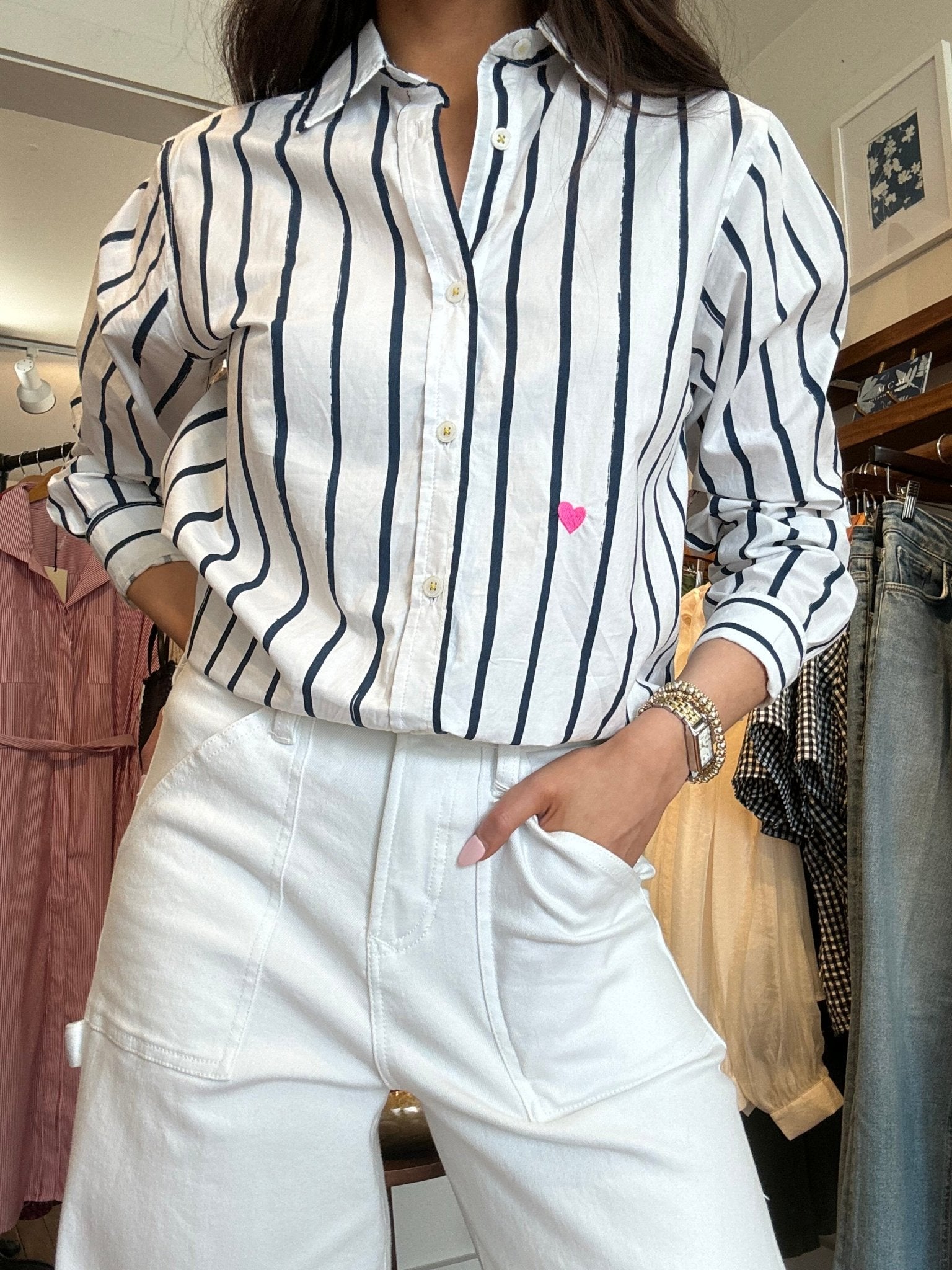 White & Indigo Blue Mia Mr. Sharpie Stripe Shirt - Box Turtle