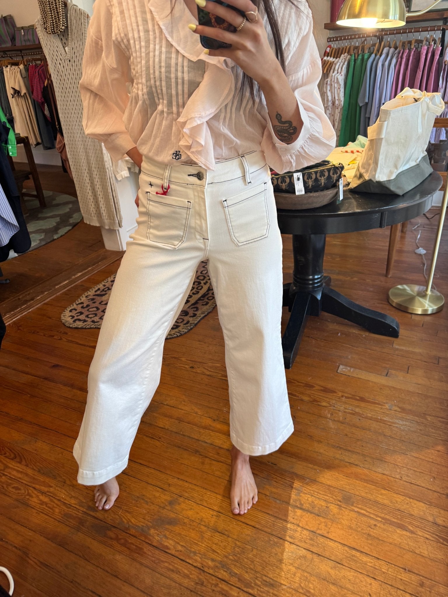 White Sails & Navy Stitch Sailor Cropped Wide Leg Jeans - Box Turtle