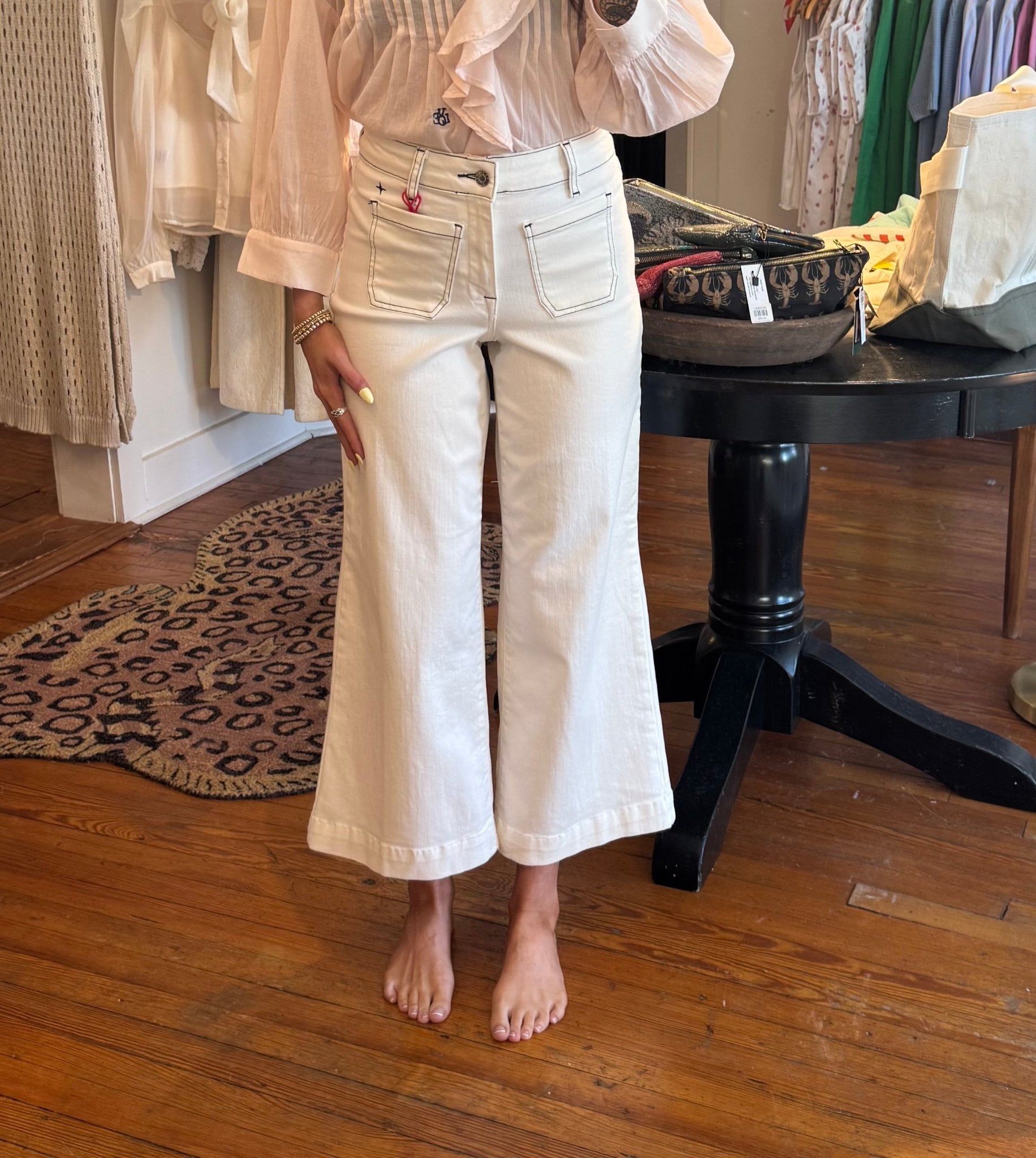 White Sails & Navy Stitch Sailor Cropped Wide Leg Jeans - Box Turtle