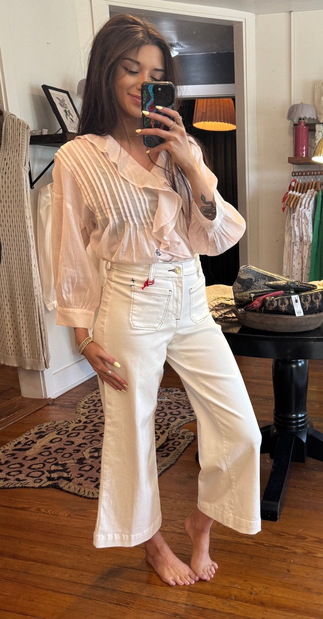White Sails & Navy Stitch Sailor Cropped Wide Leg Jeans - Box Turtle