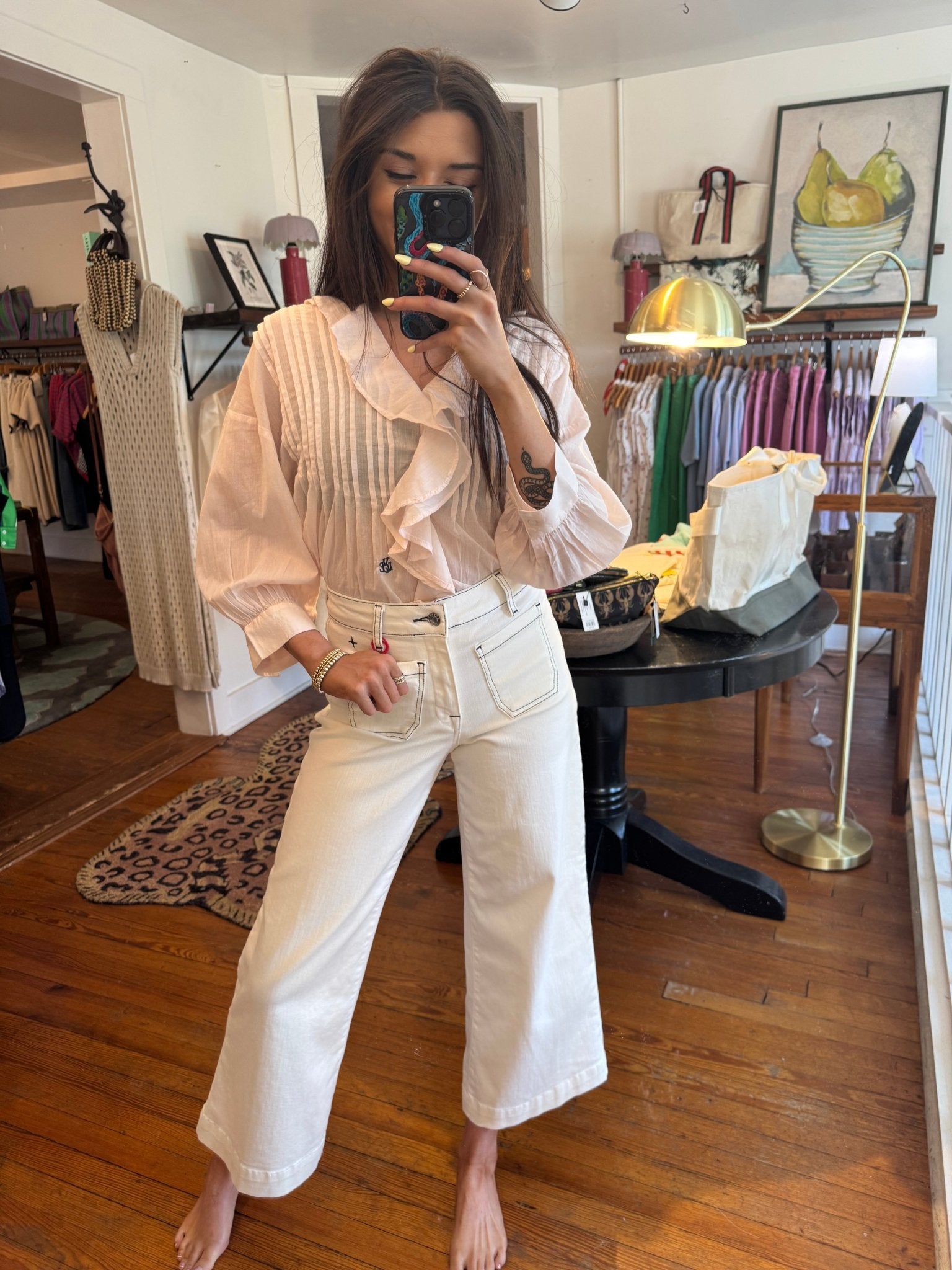White Sails & Navy Stitch Sailor Cropped Wide Leg Jeans - Box Turtle