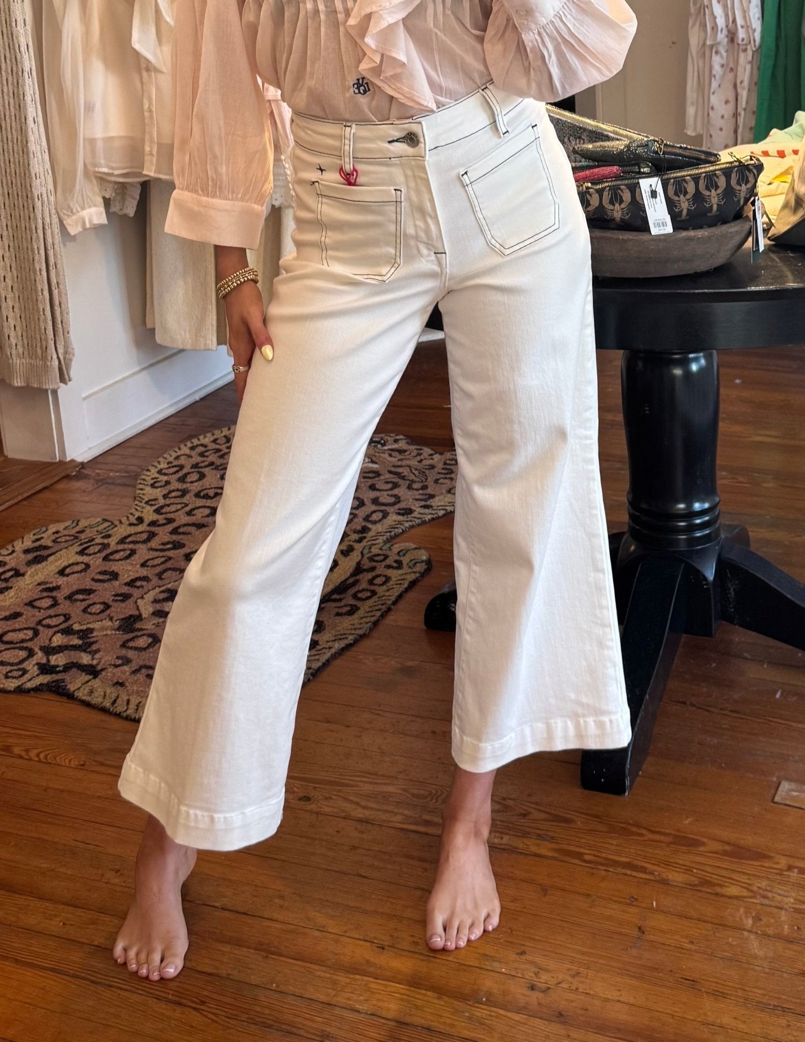White Sails & Navy Stitch Sailor Cropped Wide Leg Jeans - Box Turtle