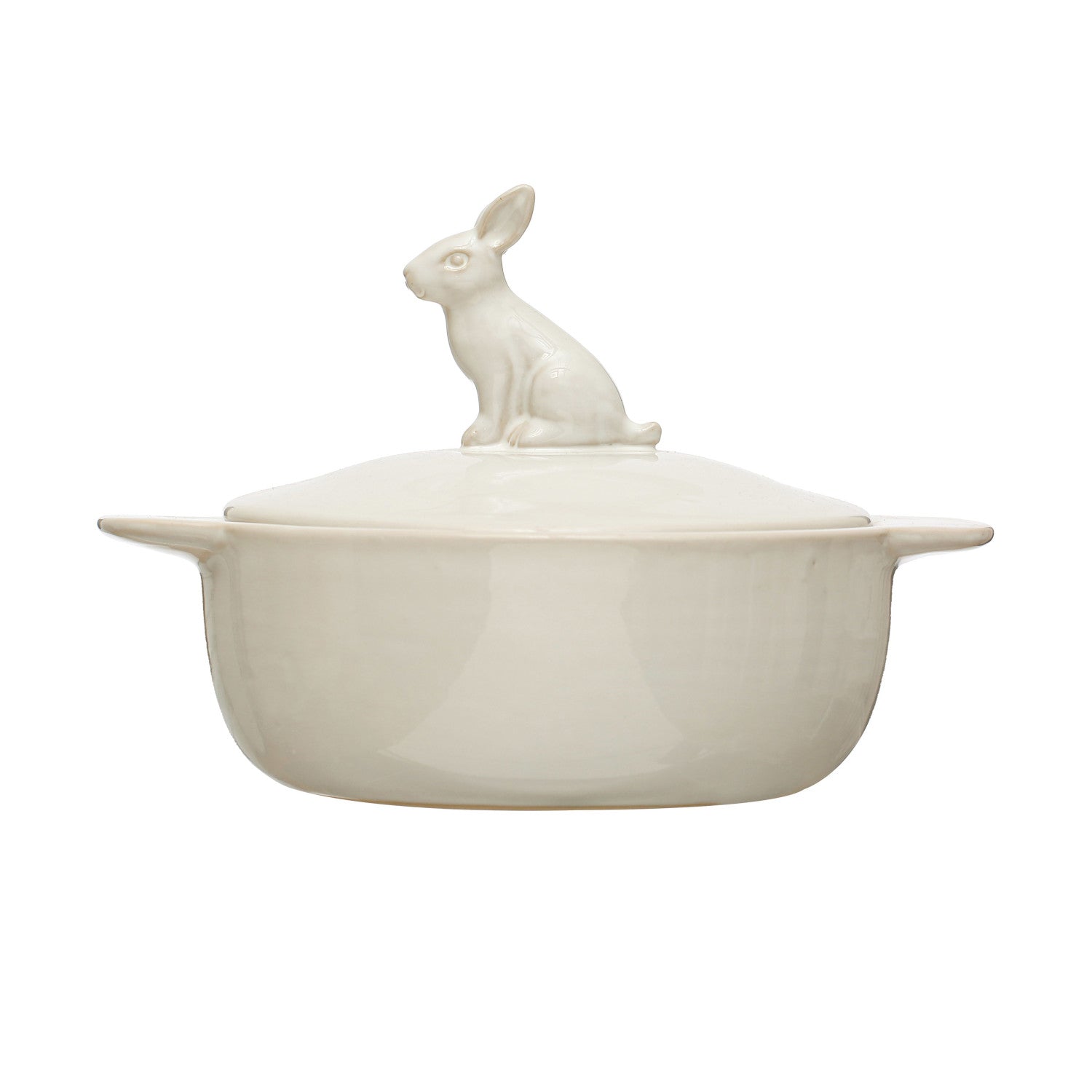 White Stoneware Baker w/ Rabbit Finial - Box Turtle