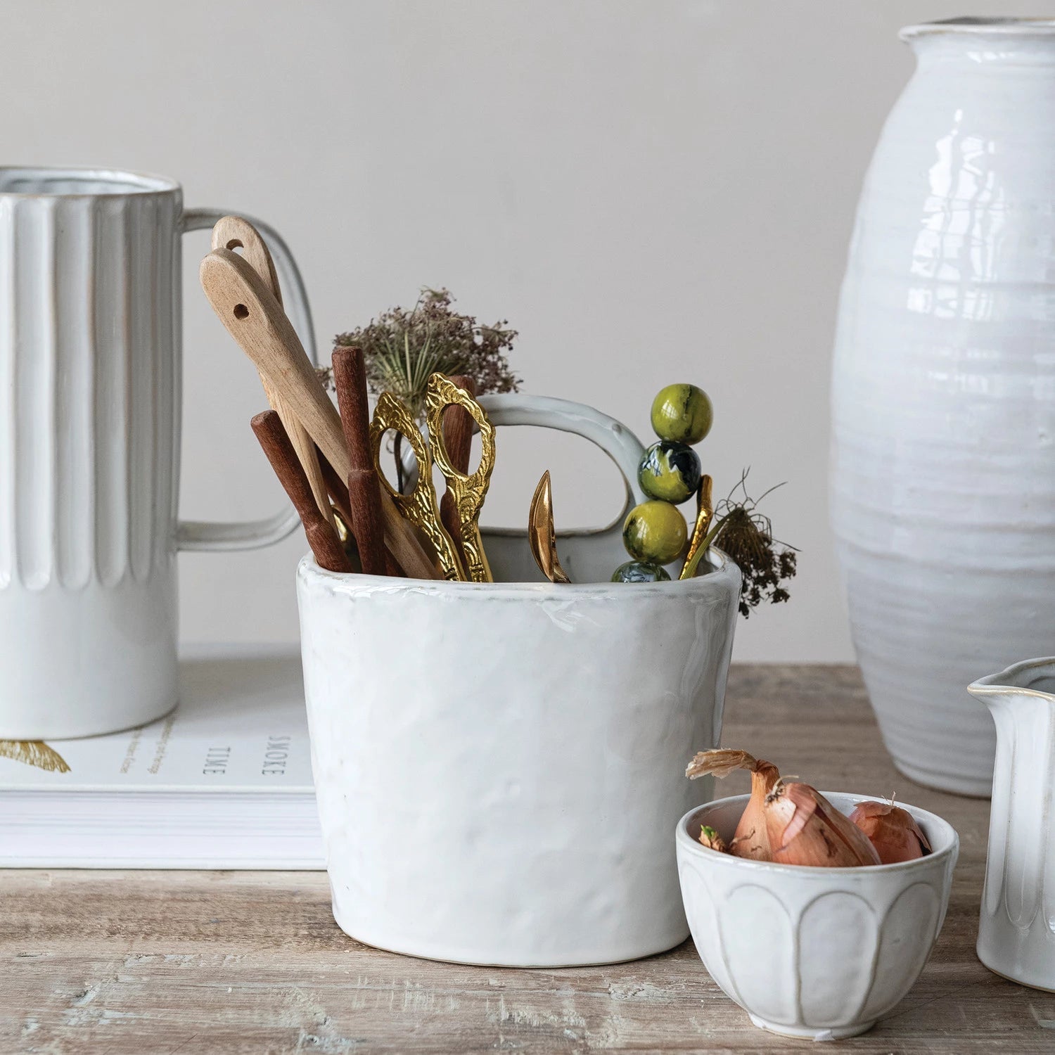 White Stoneware Crock with Handle - Box Turtle