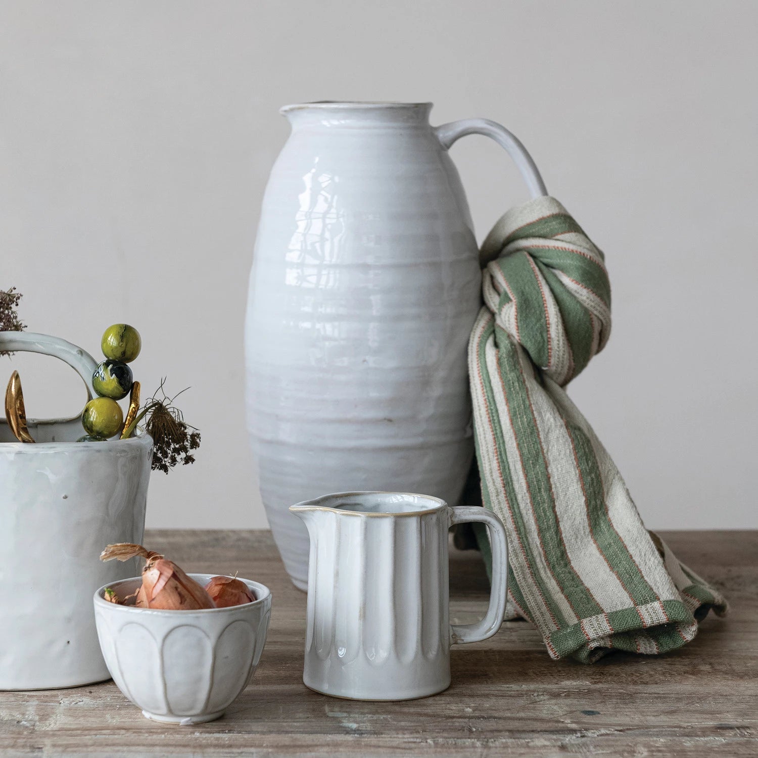 White Stoneware Ribbed Creamer - Box Turtle