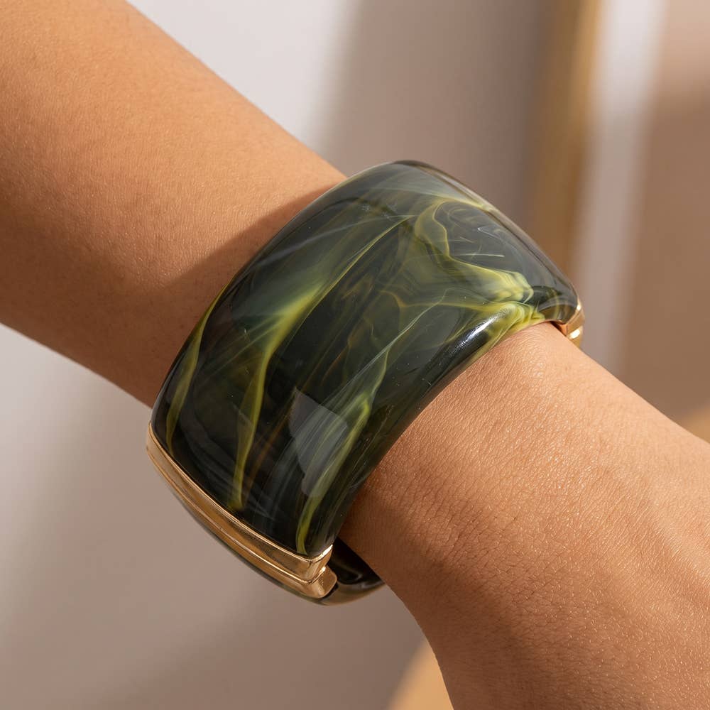 Wide Marbled Hinged Bangle Bracelet - Box Turtle
