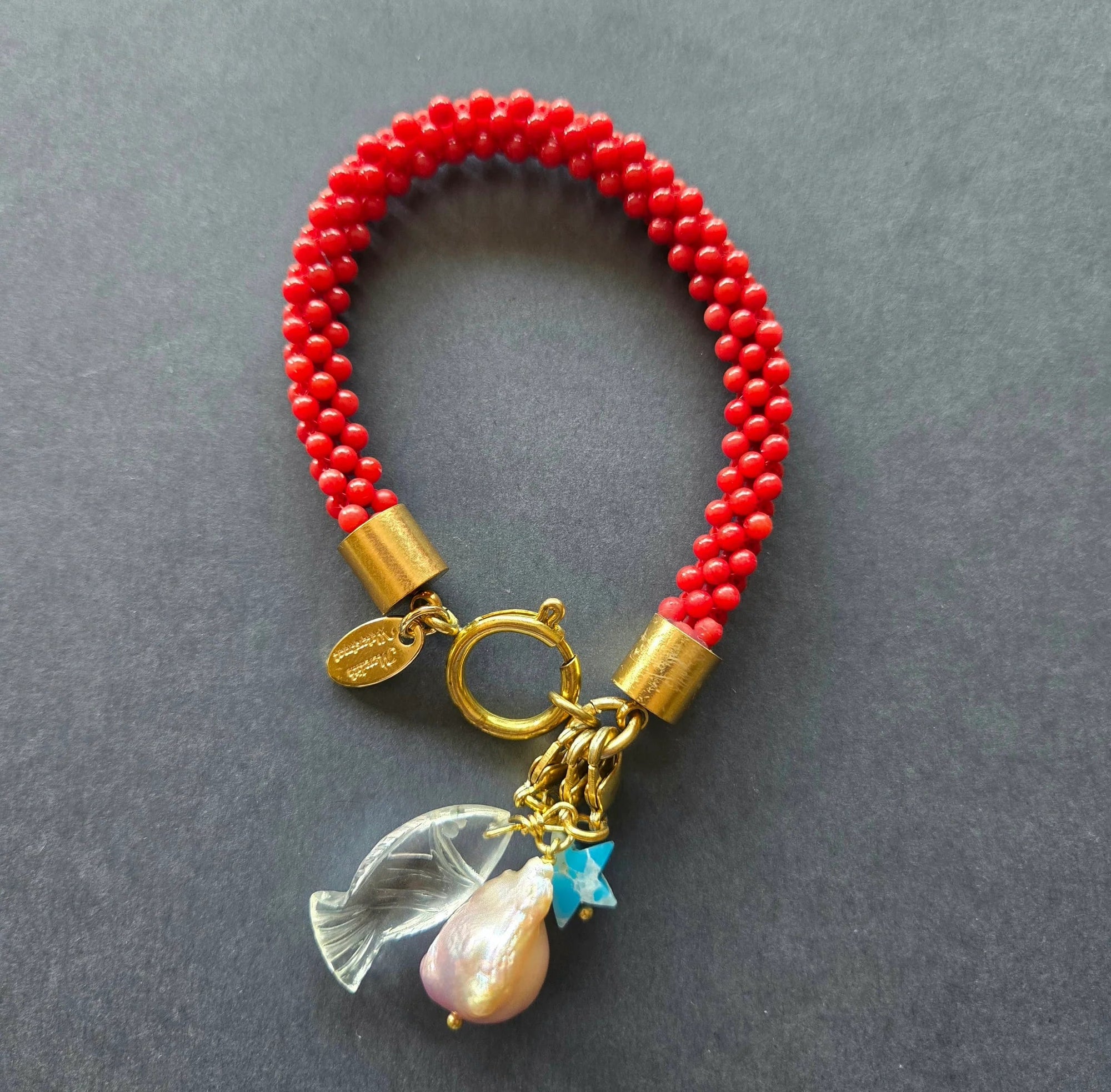 Woven Coral & Quartz Fish Bracelet - Box Turtle