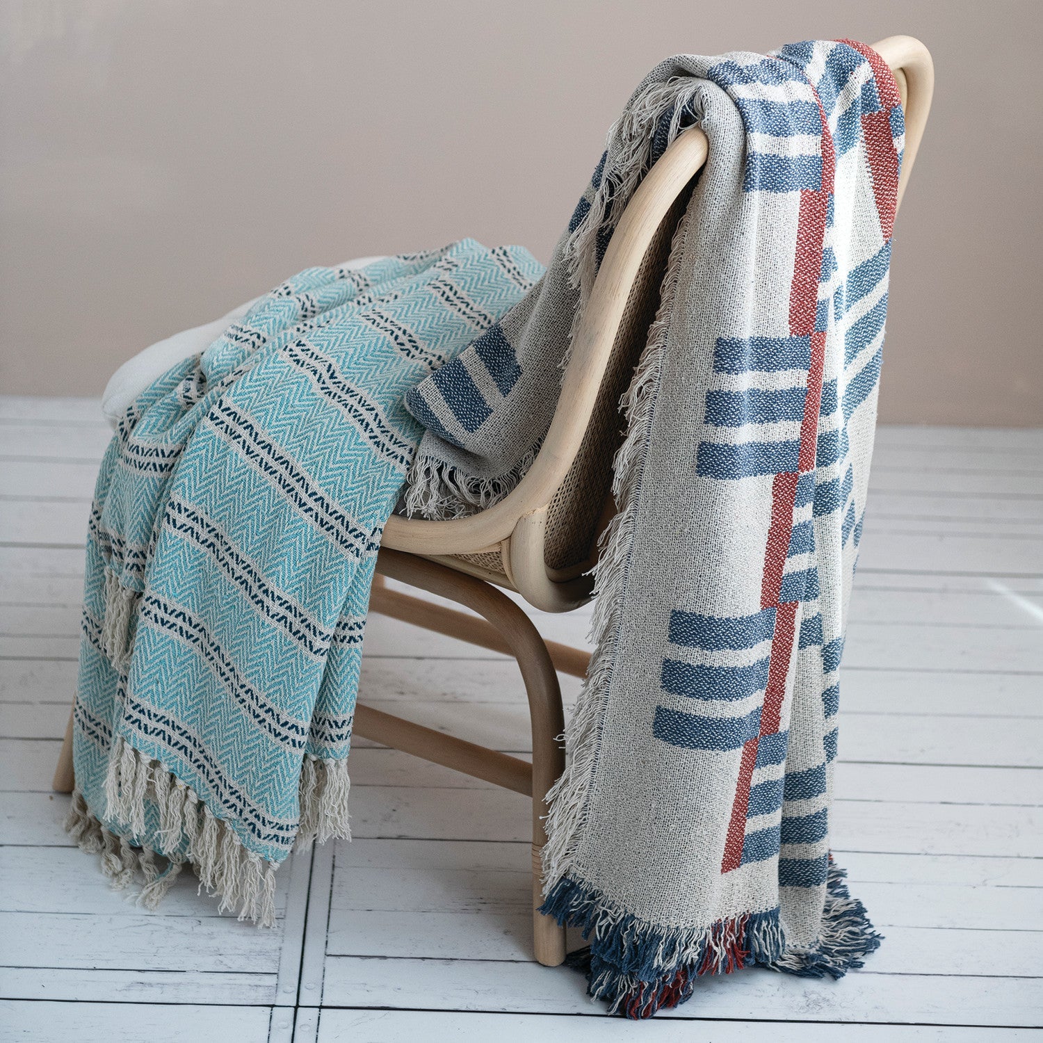 Woven Recycled Cotton Striped Throw with Fringe - Box Turtle