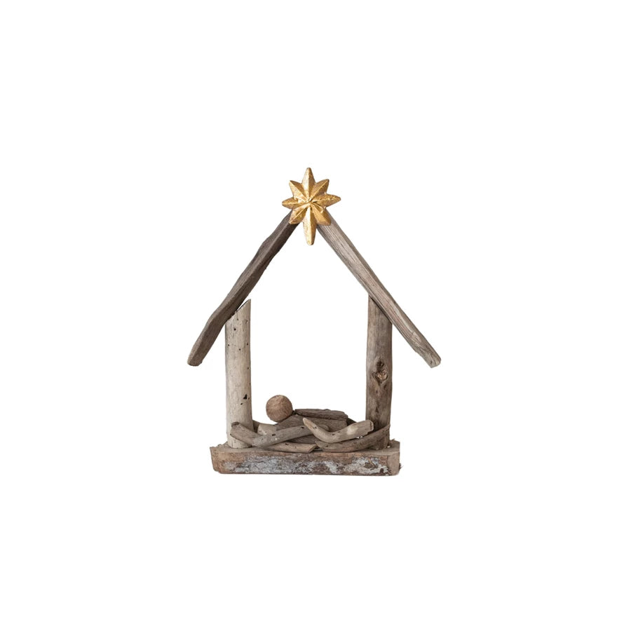 Driftwood & Acacia Wood Baby Jesus in Manger