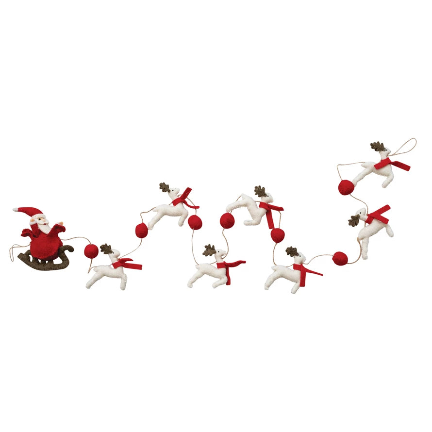 Wool Felt Santa Sleigh & Reindeer Garland