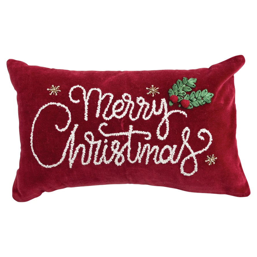 Burgundy "Merry Christmas" Velvet Lumbar Pillow
