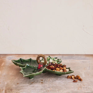 Green & Red Holly Leaf Ceramic Dish