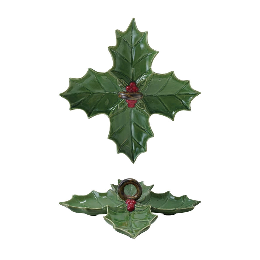 Green & Red Holly Leaf Ceramic Dish