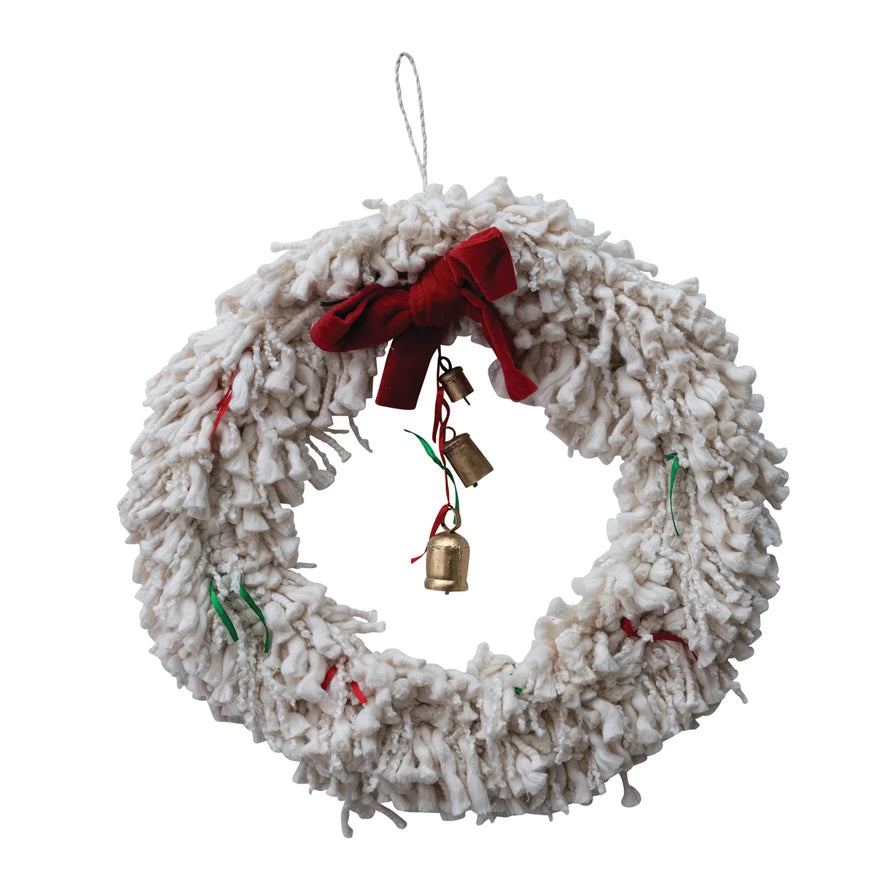 Ivory Ribbons & Bells Yarn Wreath