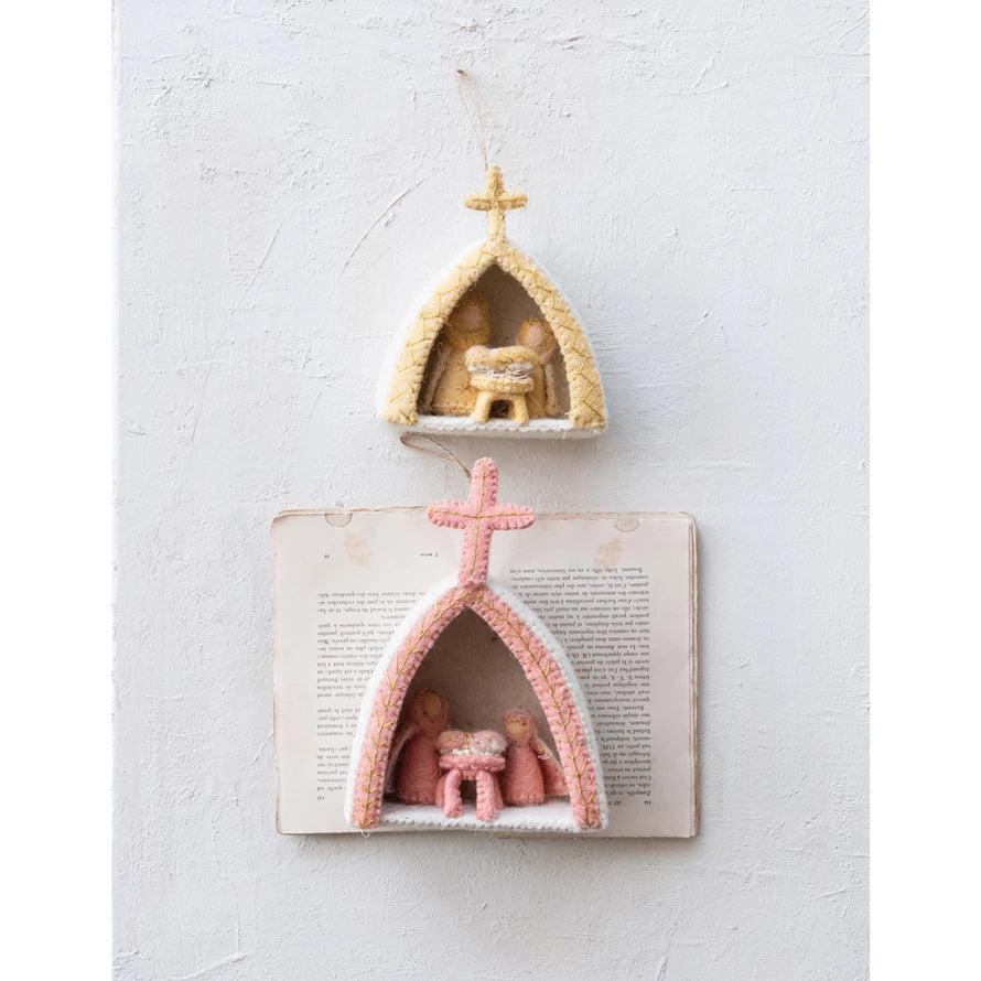 Blush Pink Wool Felt Holy Family Ornament