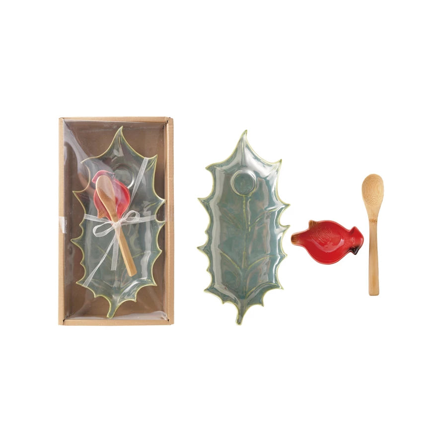Holly Leaf Plate with Cardinal Dish & Bamboo Spoon