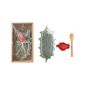 Holly Leaf Plate with Cardinal Dish & Bamboo Spoon