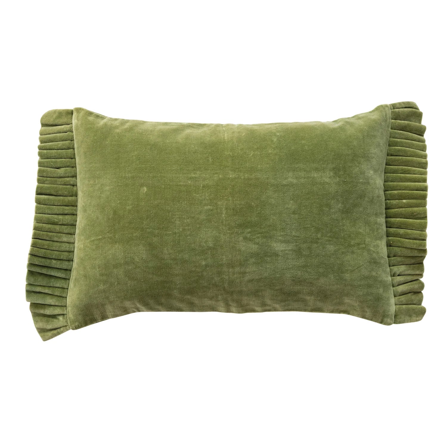 Green Velvet Lumbar Pillow with Ruffle Trim