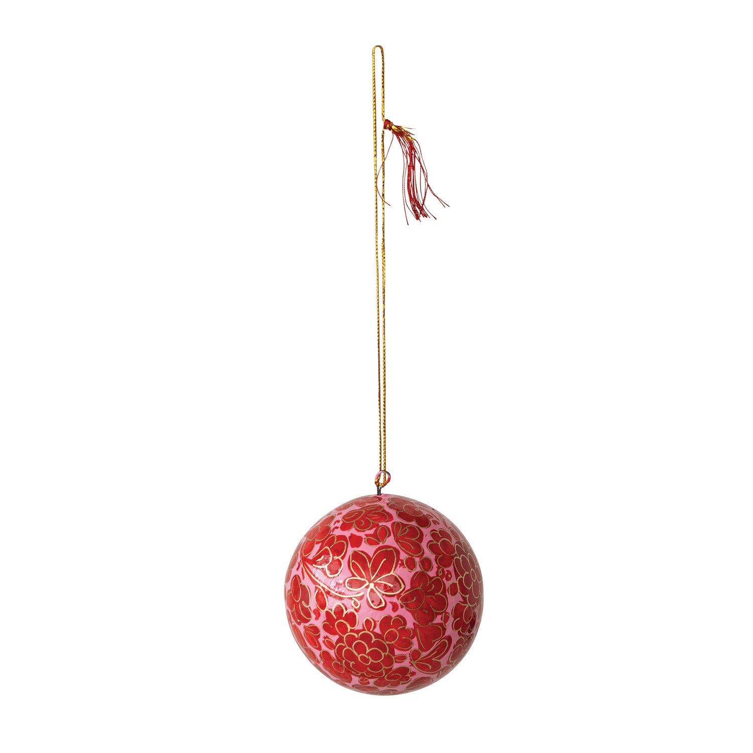 Hand-Painted Paper Mache Ball Ornament with Flower Design
