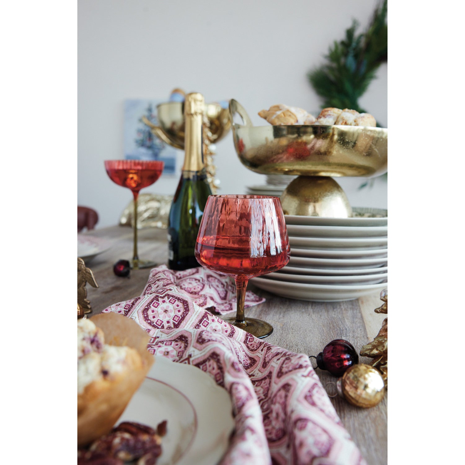 Red Ribbed Stemmed Wine Glass