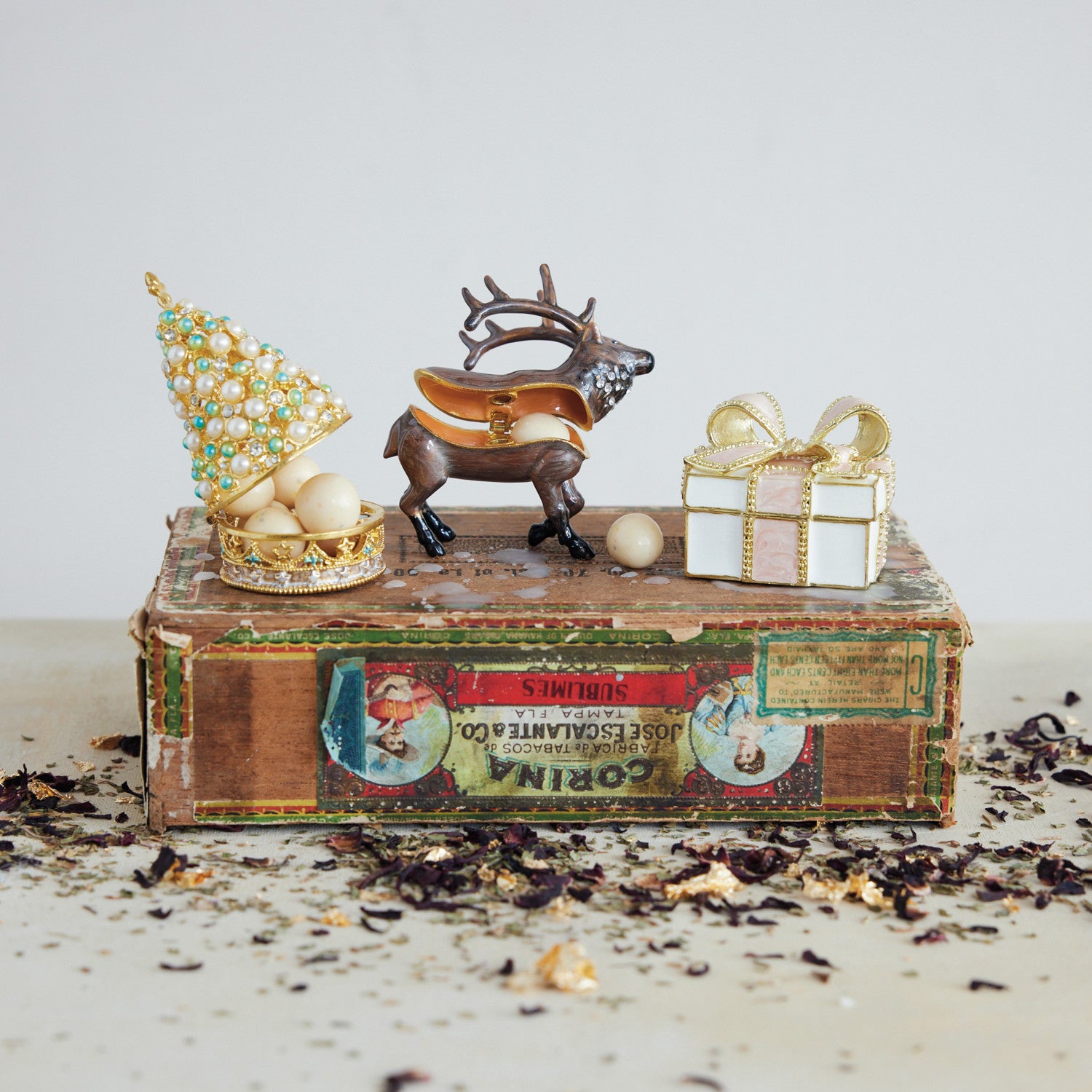 Enameled Metal Tree Shaped Trinket Box
