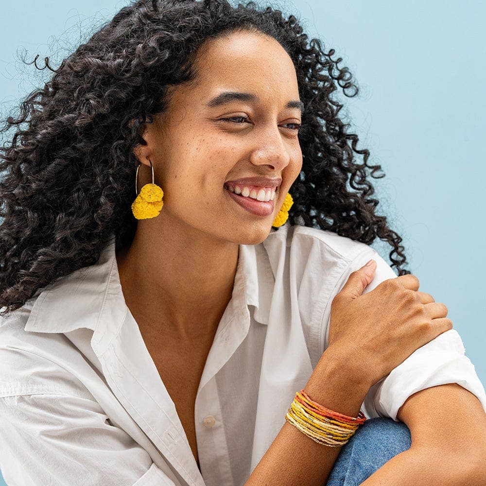 Yellow Rita Raffia Poms Hoop Earrings - Box Turtle