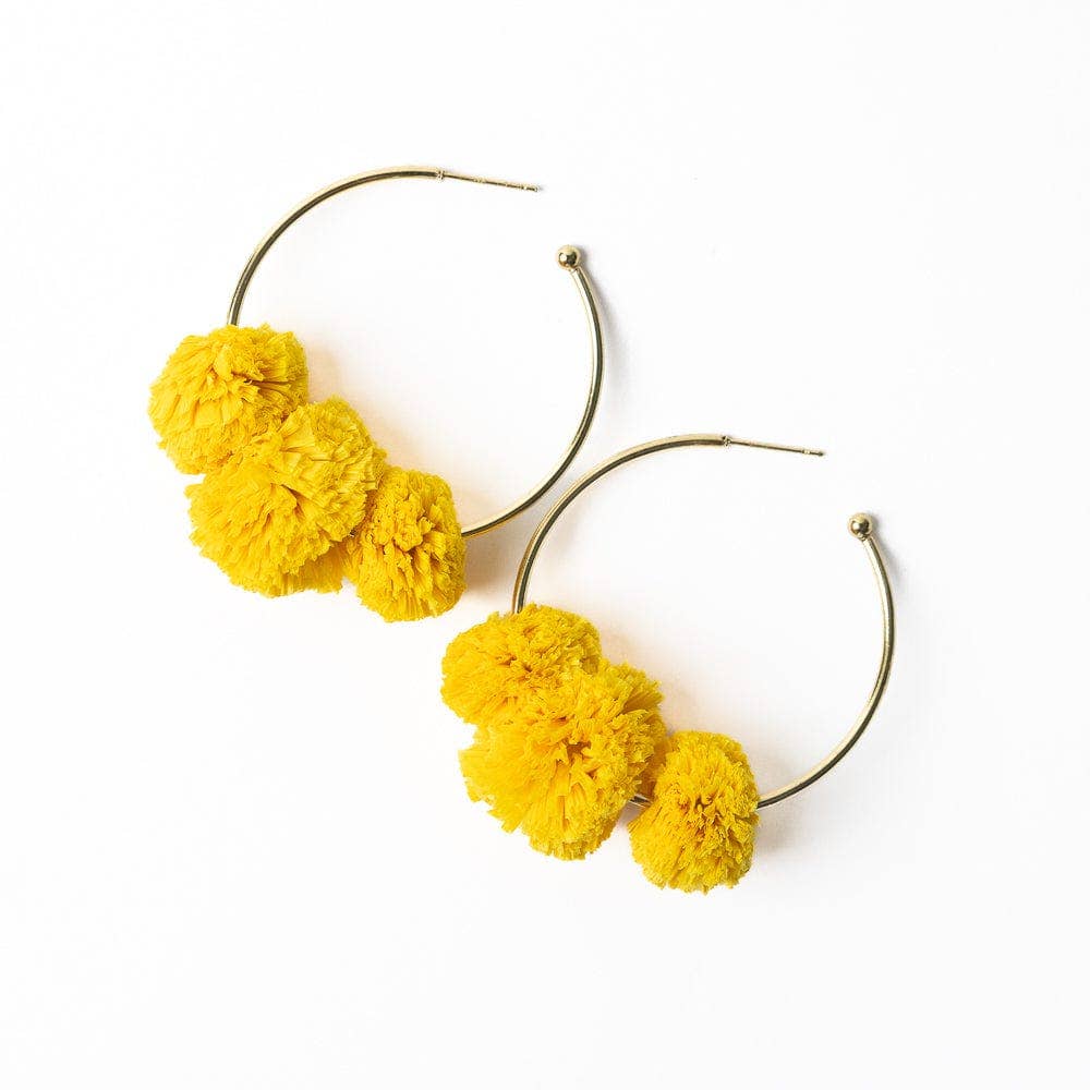Yellow Rita Raffia Poms Hoop Earrings - Box Turtle
