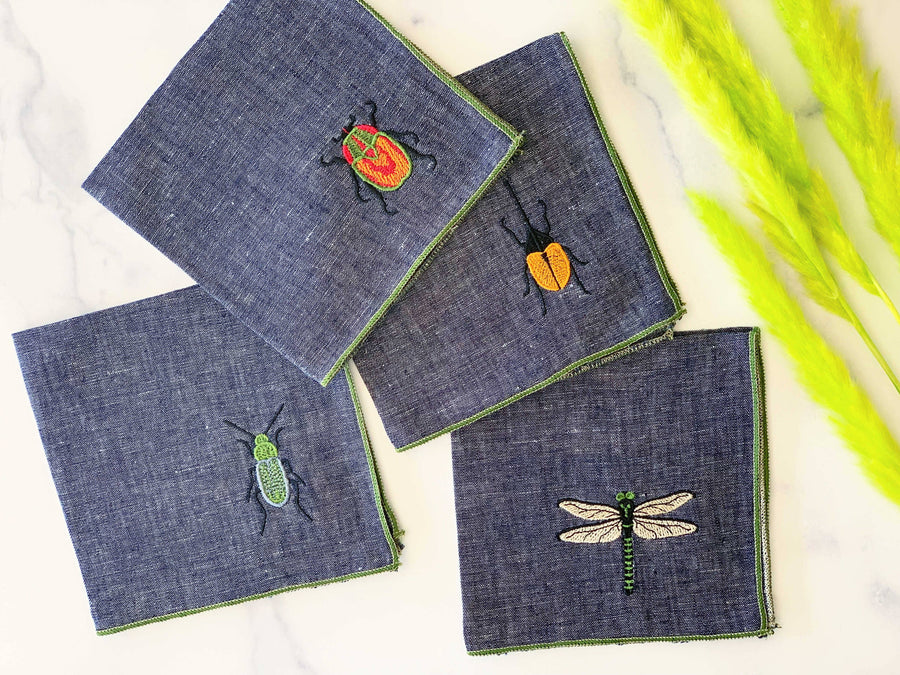 Embroidered Insect Chambray Cocktail Napkins, S/4