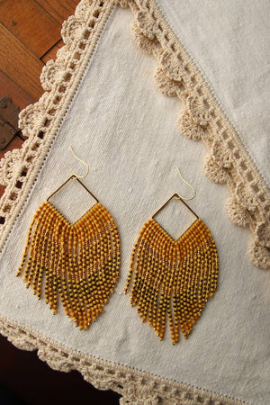 Yellow V Fringe Beaded Earrings