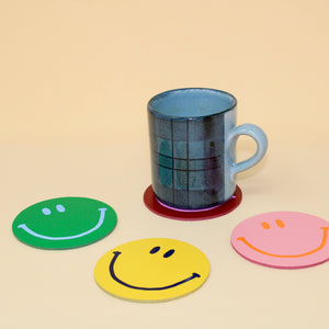 Happy Face Smilie Leather Coasters - Set of 4