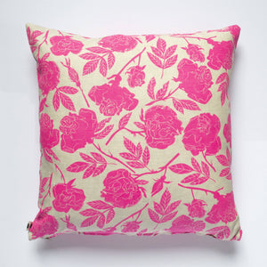 Neon Pink Wild Roses Linen Pillow Cover