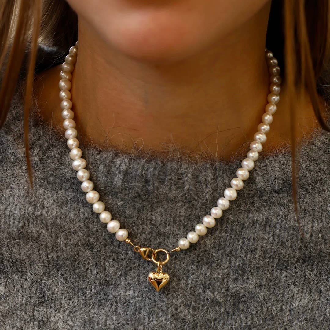 Puff Heart & Freshwater Pearl Necklace